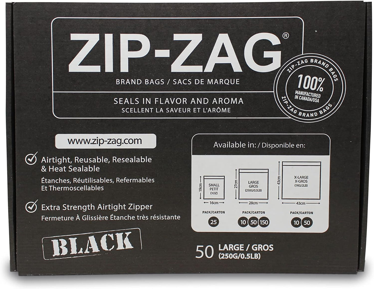 ZIP-ZAG® Bags - Large BLACK (50 bags)