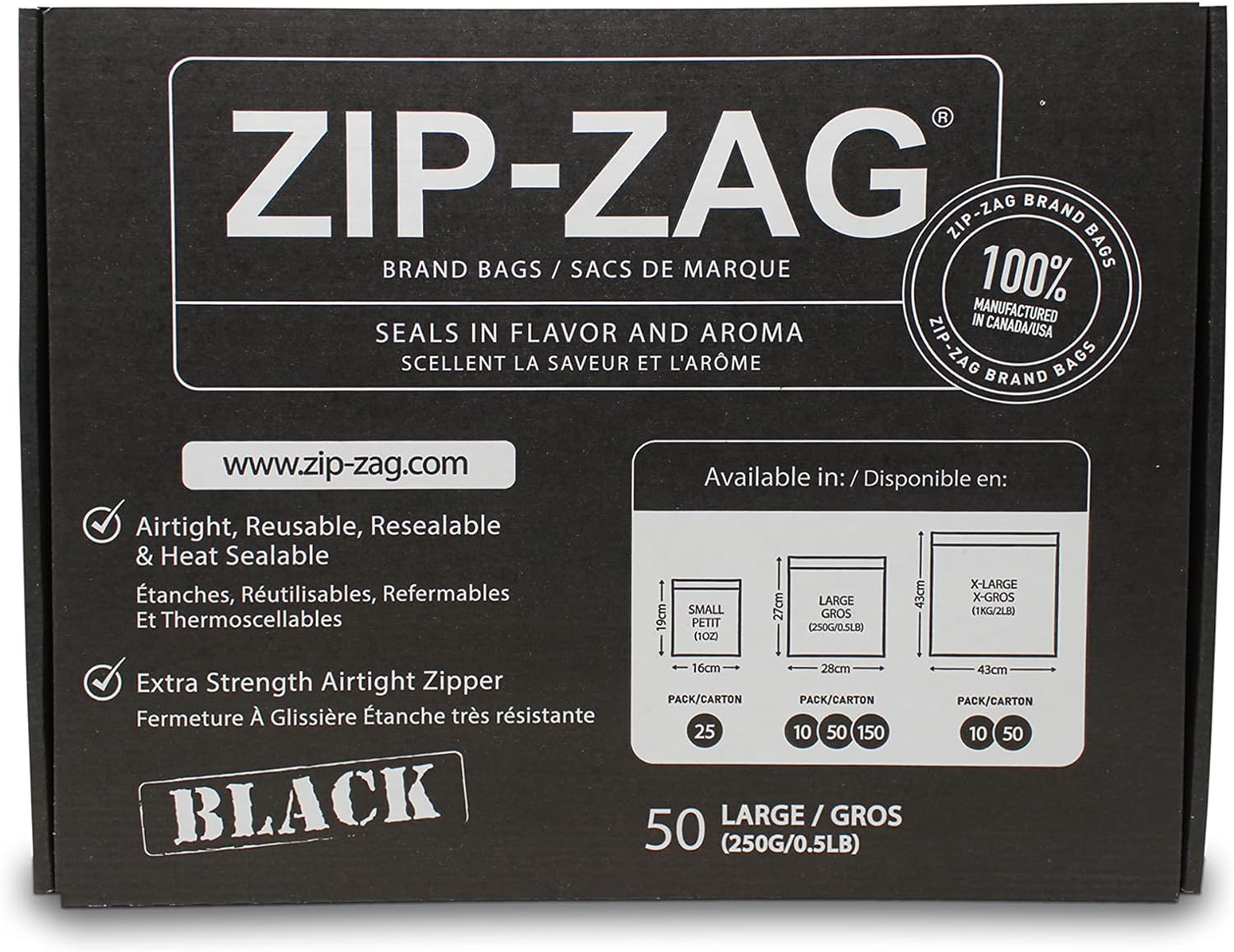 ZIP-ZAG® Bags - Large BLACK (50 bags)